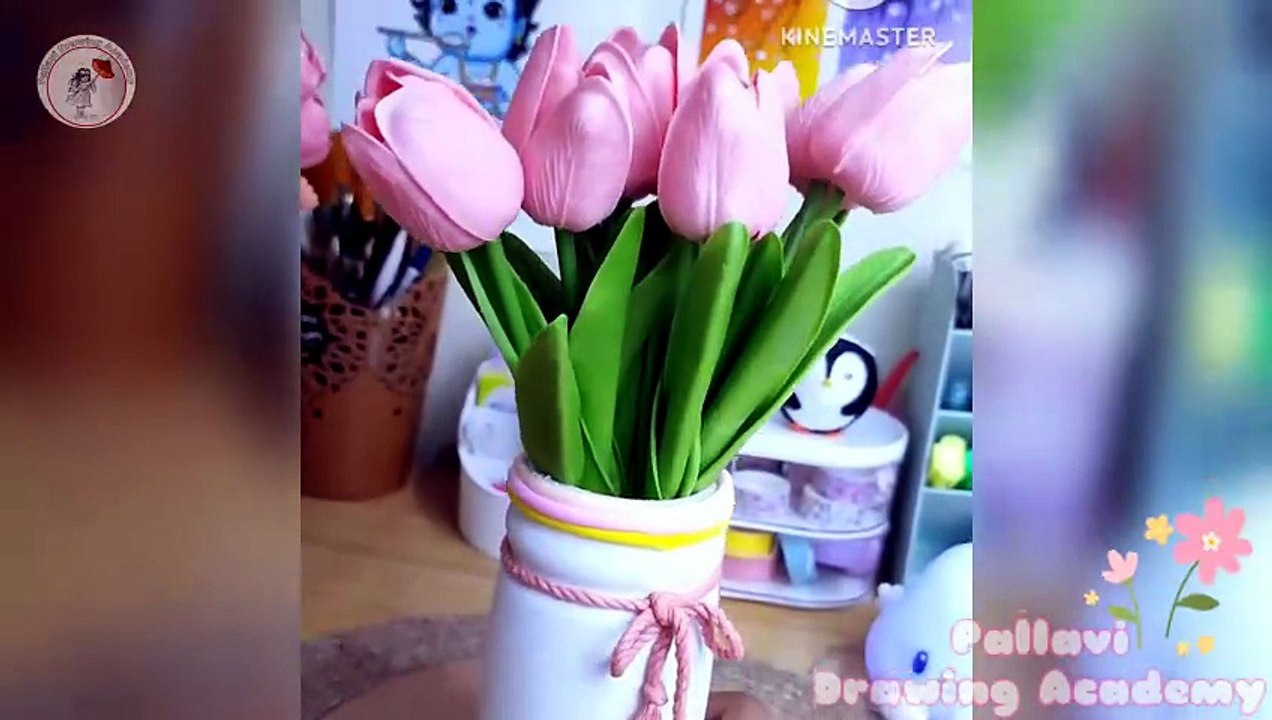 Diy easy flower pot Thermocol pen stand Tissue paper flower art @pallavidrawing