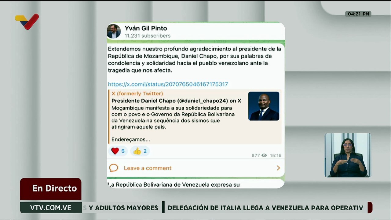 Canciller Yván Gil agradeció al presidente de Mozambique por las palabras de solidaridad