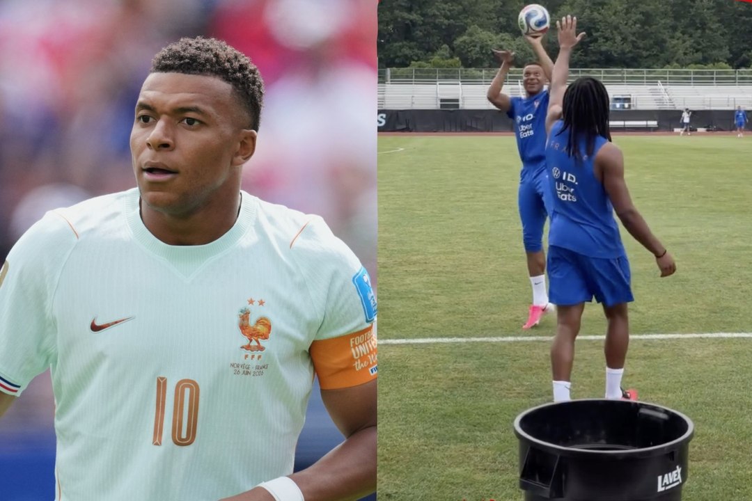 Mbappé sorprende con un step-back frente a Jules Koundé durante un juego de básquet