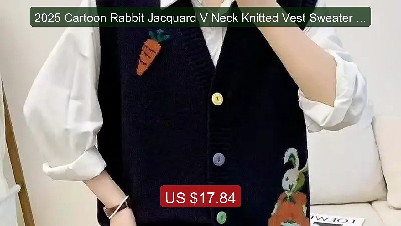 2025 Cartoon Rabbit Jacquard V Neck Knitted Vest Sweater Women Aut... -- Best Deal 2026 | Shop Now!