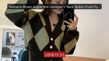 Women's Brown Argyle Knit Cardigan V Neck Button Front Puff Sleeve ... -- Top Rated 2026 | Buy Now!
