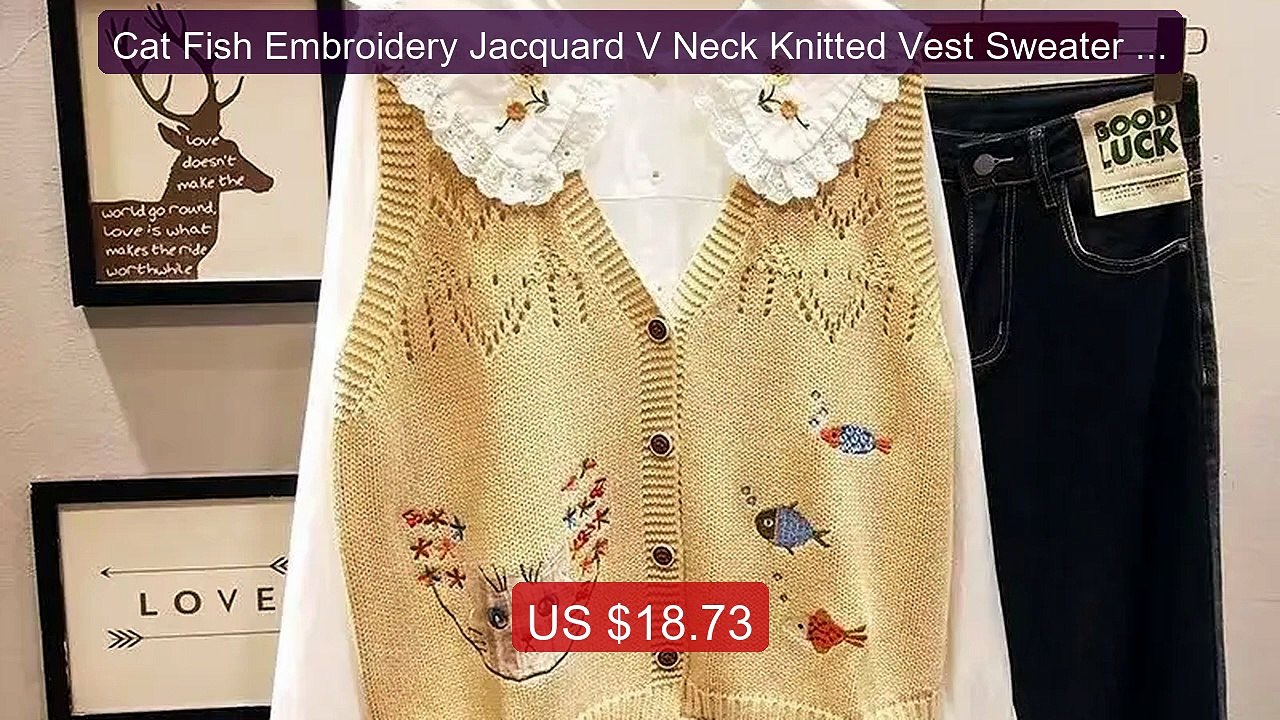Cat Fish Embroidery Jacquard V Neck Knitted Vest Sweater Wo... -- Top Pick 2026 | Unbeatable Price!