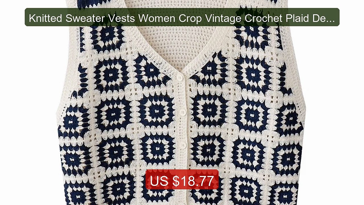 Knitted Sweater Vests Women Crop Vintage Crochet Plaid Designe... -- Hot Deal 2026 | Limited Offer!