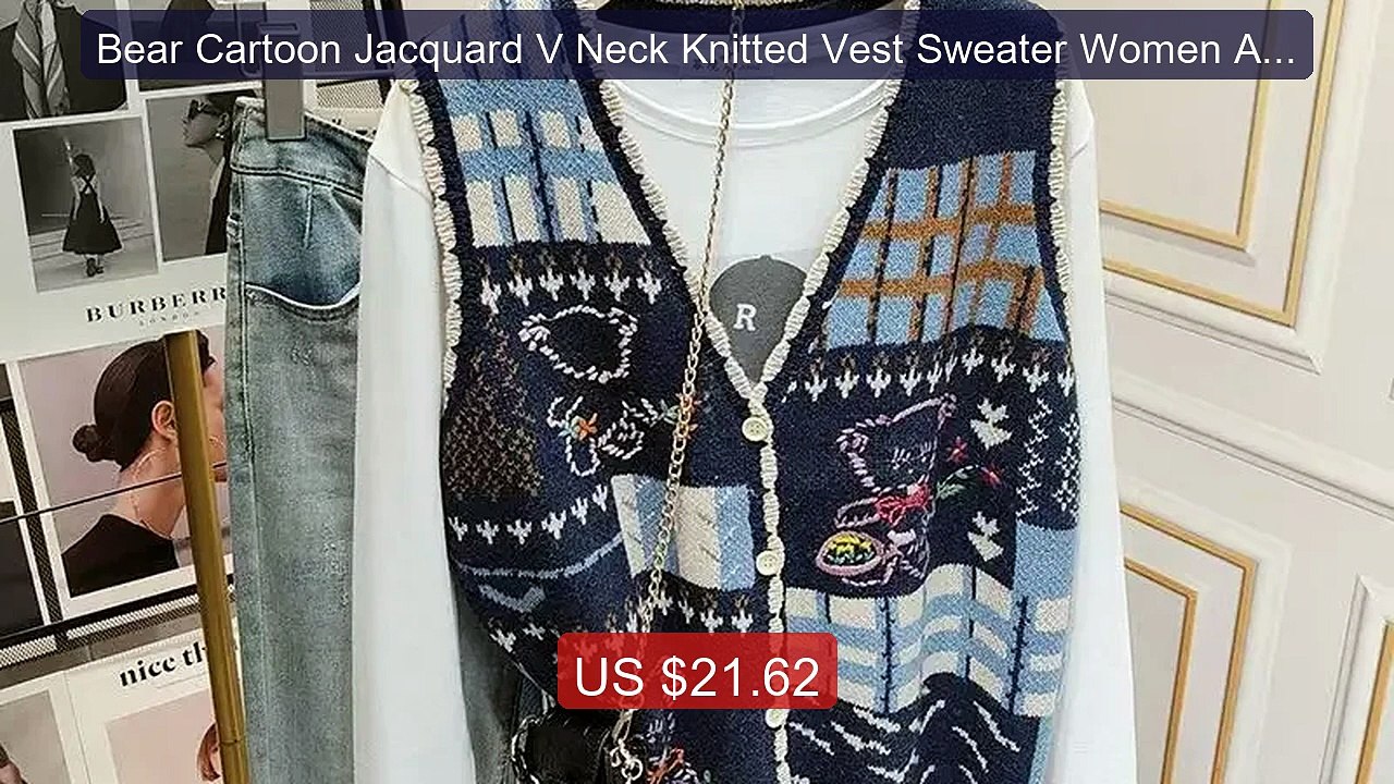 Bear Cartoon Jacquard V Neck Knitted Vest Sweater Women Autumn... -- Best Buy 2026 | Great Quality!