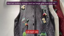 Mori kei clothing vintage dark red beige gray bow knit sweater... -- Hot Deal 2026 | Limited Offer!