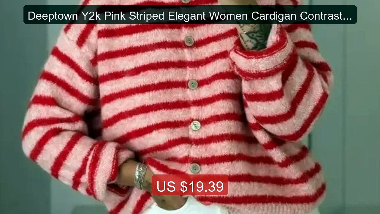 Deeptown Y2k Pink Striped Elegant Women Cardigan Contrast Col... -- Amazing Value 2026 | Must Have!