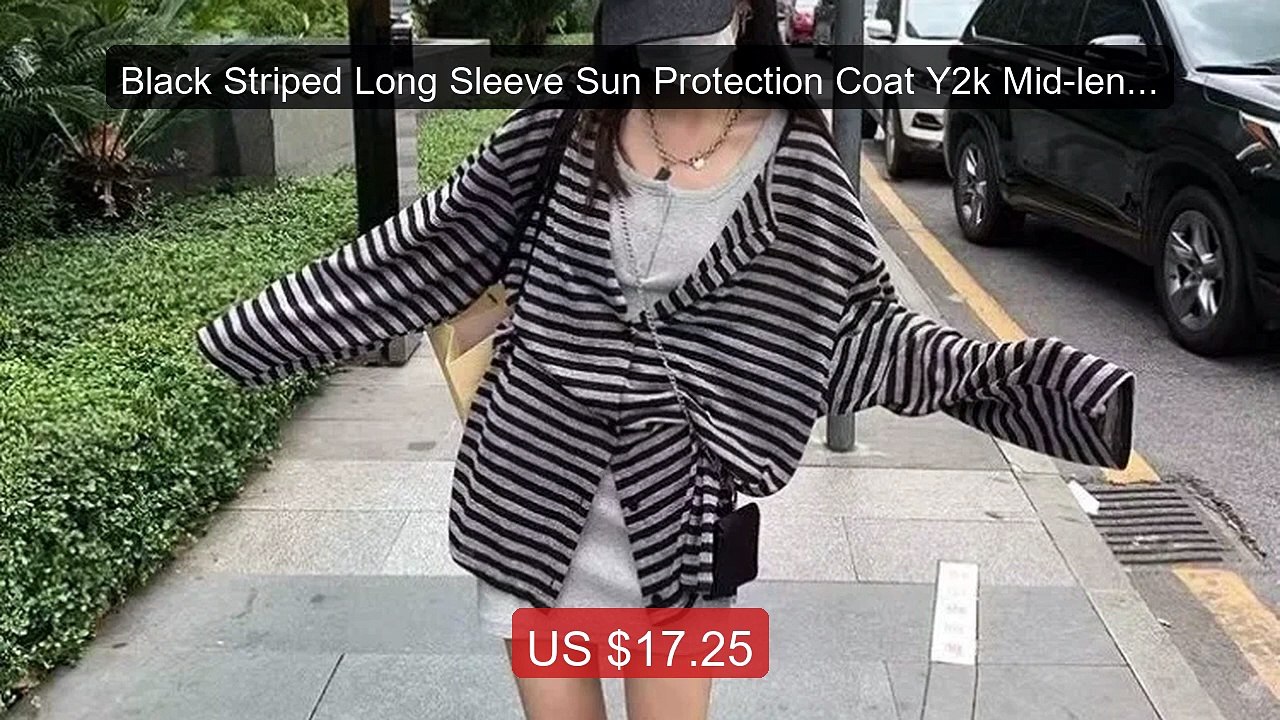 Black Striped Long Sleeve Sun Protection Coat Y2k Mid-length Loose... -- Best Deal 2026 | Shop Now!