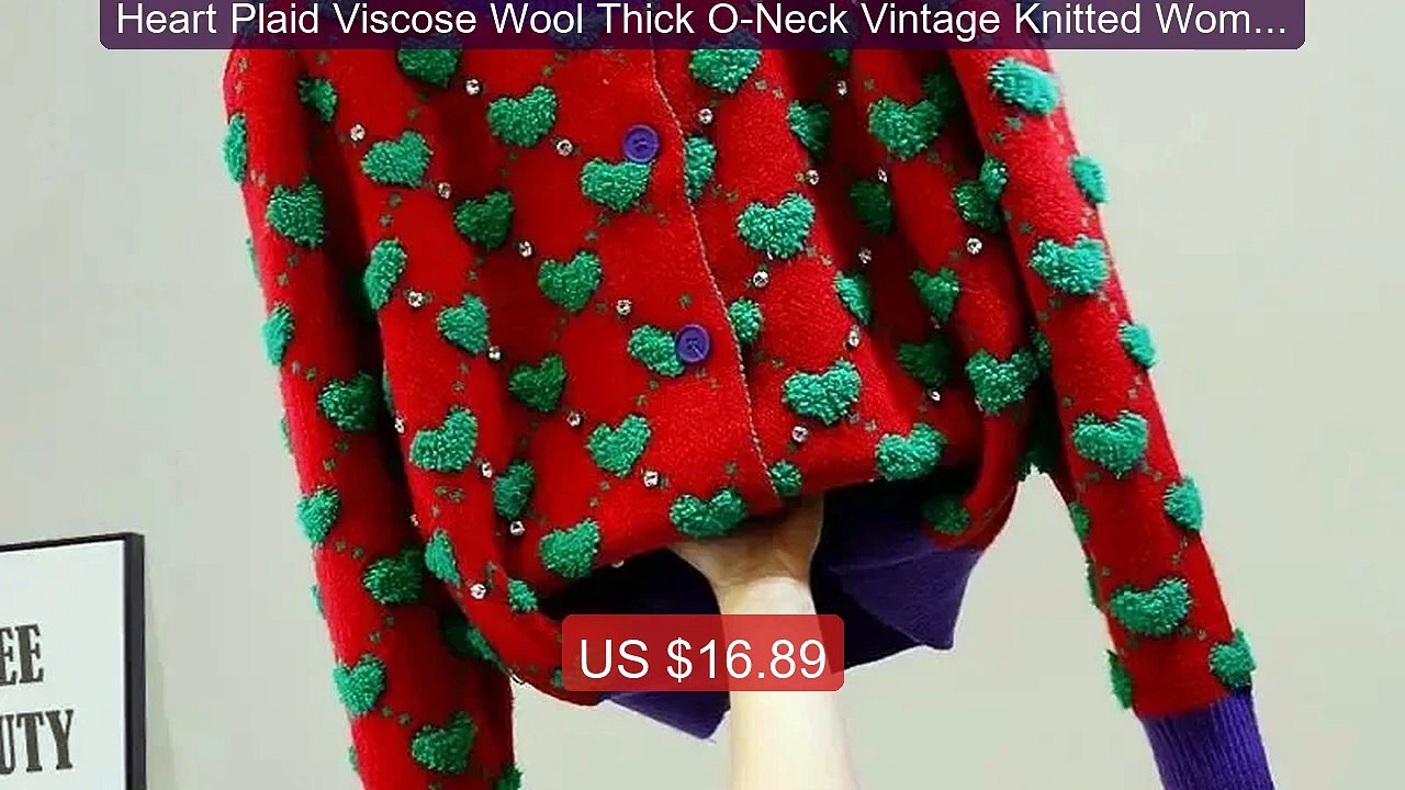 Heart Plaid Viscose Wool Thick O-Neck Vintage Knitted Women's Cardi... -- Top Rated 2026 | Buy Now!