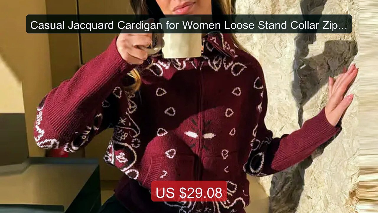 Casual Jacquard Cardigan for Women Loose Stand Collar Zipper ... -- Amazing Value 2026 | Must Have!