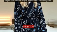 Elegant Print Tassel Cardigan Women Belt V-neck Long Sleeve Lo... -- Best Buy 2026 | Great Quality!