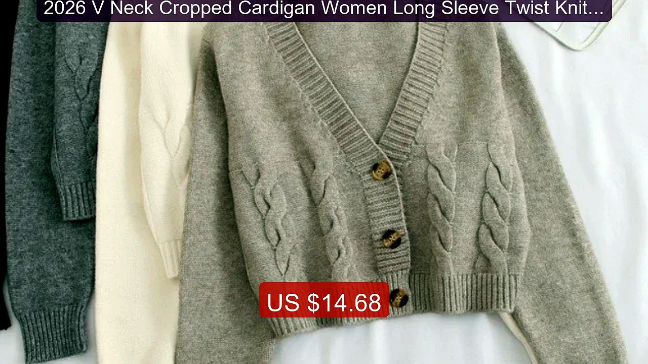 2026 V Neck Cropped Cardigan Women Long Sleeve Twist Knitted ... -- Amazing Value 2026 | Must Have!