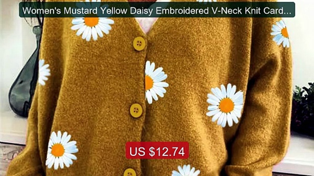 Women's Mustard Yellow Daisy Embroidered V-Neck Knit Cardigan Casua... -- Top Rated 2026 | Buy Now!