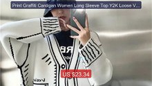 Print Graffiti Cardigan Women Long Sleeve Top Y2K Loose V-neck... -- Hot Deal 2026 | Limited Offer!