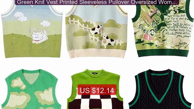 Green Knit Vest Printed Sleeveless Pullover Oversized Women Sw... Hot Deal 2026 | Limited Offer!
