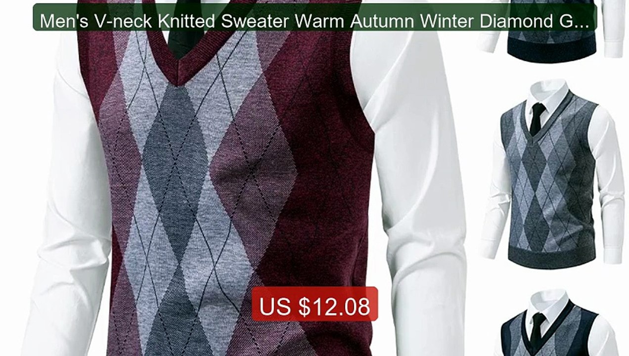 Men's V-neck Knitted Sweater Warm Autumn Winter Diamond Grid T... -- Hot Deal 2026 | Limited Offer!