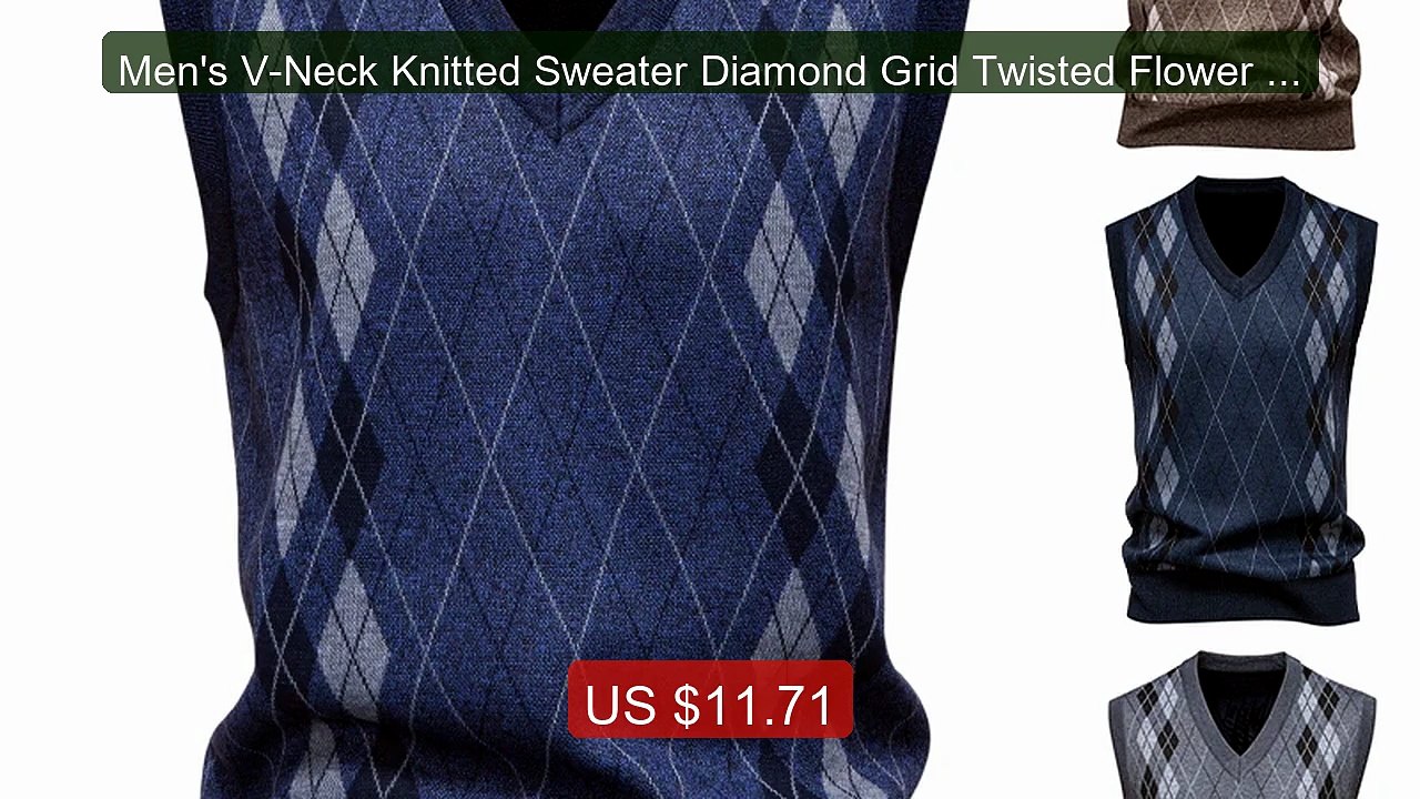 Men's V-Neck Knitted Sweater Diamond Grid Twisted Flower Ca... -- Top Pick 2026 | Unbeatable Price!