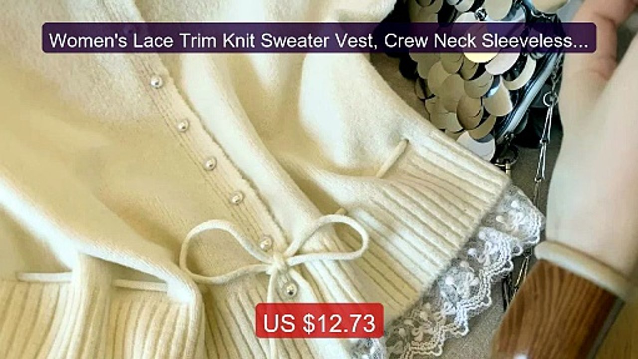 Women's Lace Trim Knit Sweater Vest, Crew Neck Sleeveless Pul... -- Amazing Value 2026 | Must Have!