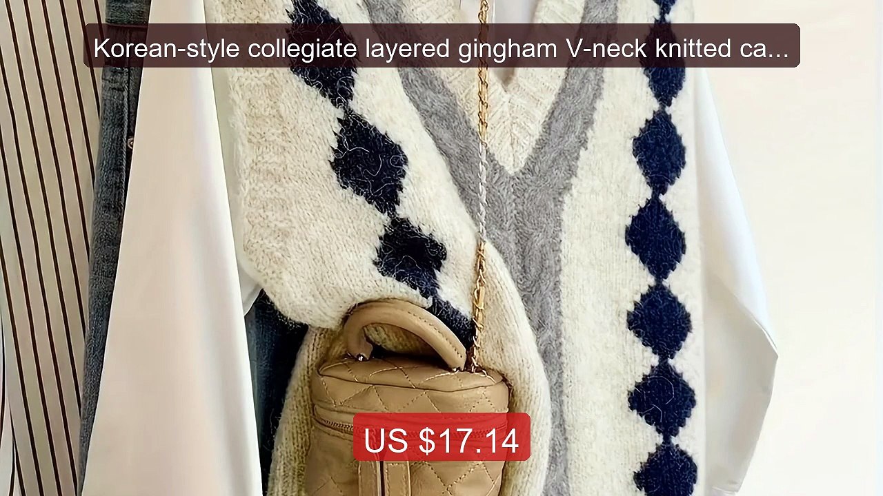 Korean-style collegiate layered gingham V-neck knitted cardiga... -- Hot Deal 2026 | Limited Offer!