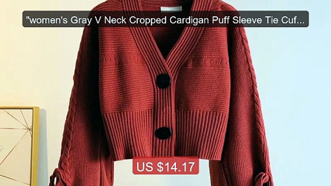 "women's Gray V Neck Cropped Cardigan Puff Sleeve Tie Cuff ... -- Top Pick 2026 | Unbeatable Price!