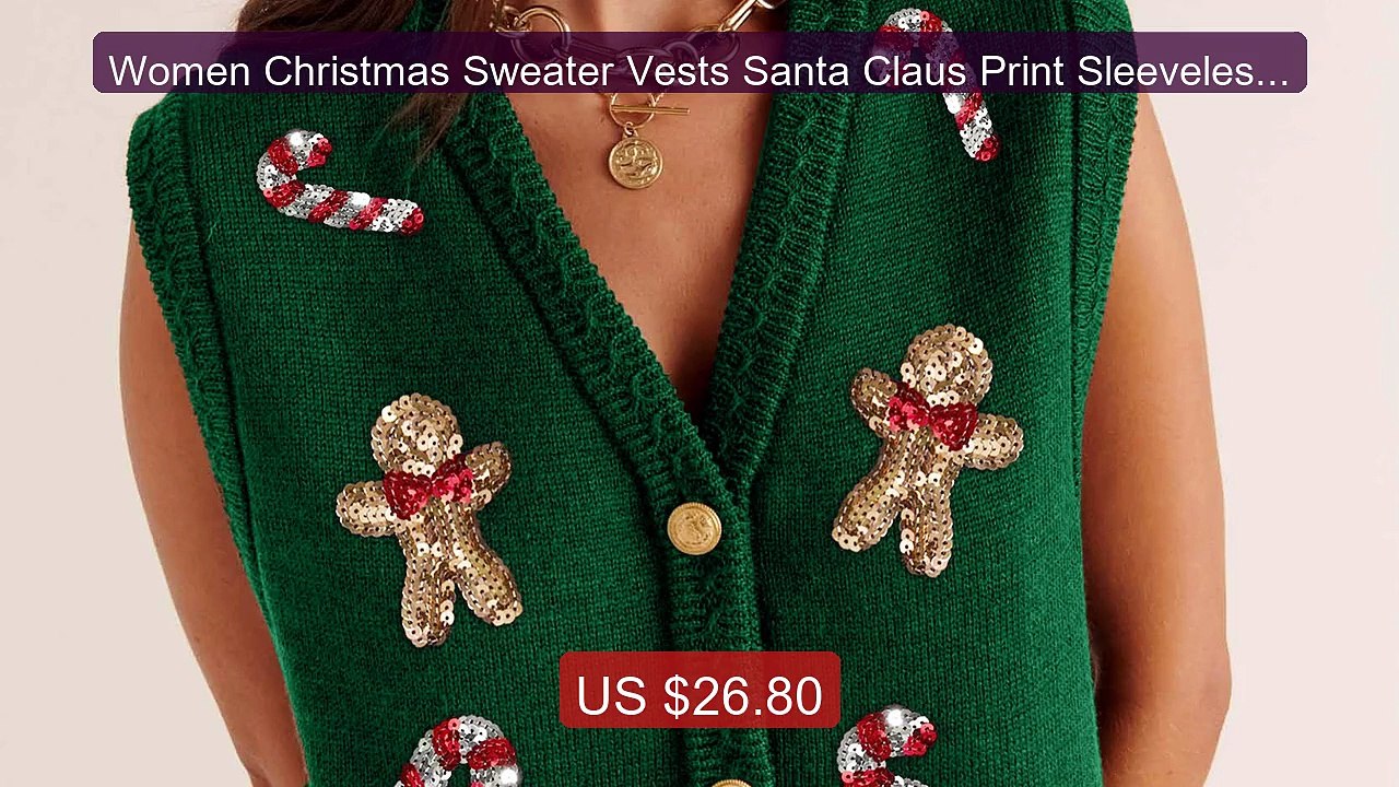 Women Christmas Sweater Vests Santa Claus Print Sleeveless Knit Car... -- Top Rated 2026 | Buy Now!
