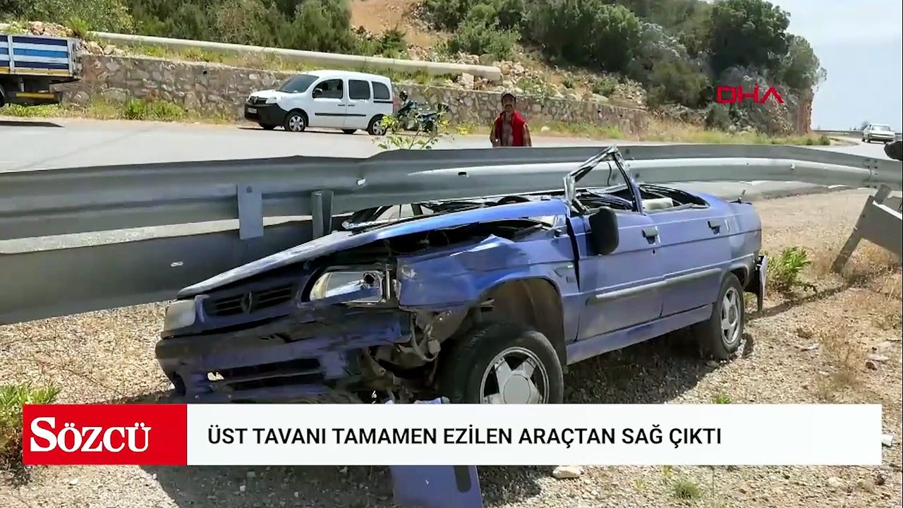 Bariyerlere çarpıp üst tavanı tamamen ezilen araçtan sağ çıktı
