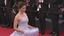 Alia Bhatt walked the #Cannes2026 red carpet in custom steel blue spaghetti strap gown with elongated bodice and full ball skirt.