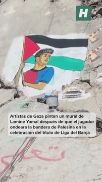 Un mural de Lamine Yamal lleva a los escombros de Gaza su gesto con la bandera palestina