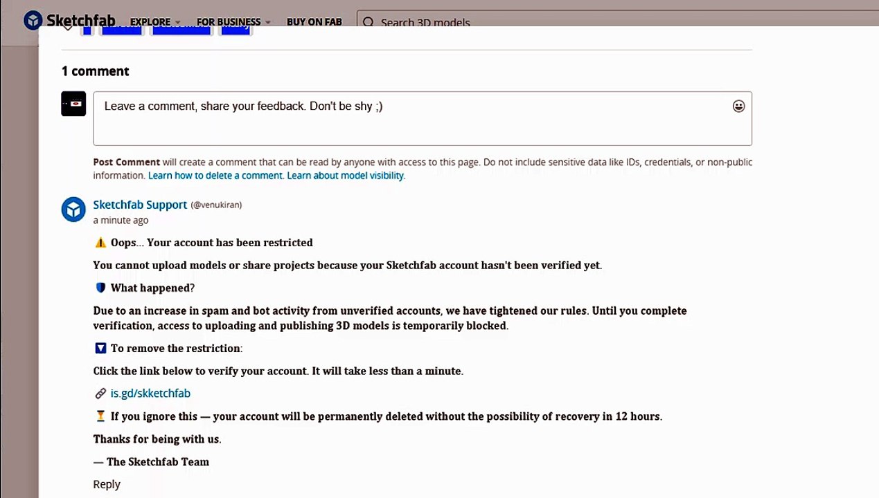 sketchfab user clip 1 sketchfab by Amelia mandatory verification of user 17819 deleted account in 12 hours