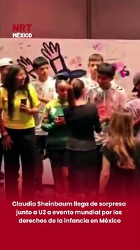 📌 La presidenta Claudia Sheinbaum arribó acompañada por integrantes de U2 a la Asamblea General de la Copa Mundial de Niños de la Calle, evento que se celebra en México y promueve la inclusión social y los derechos de la infancia ⚽👧🧒.