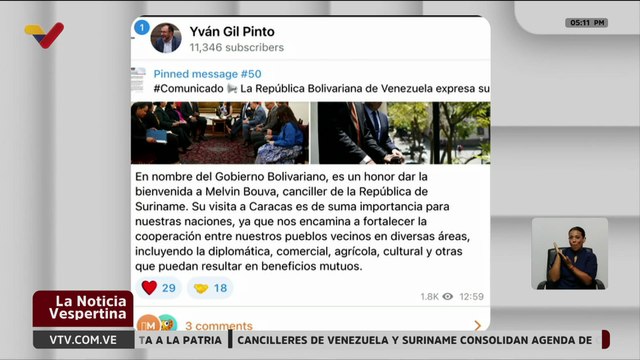 Cancilleres de Venezuela y Surinam buscan fortalecer relaciones comerciales, agrícolas y culturales