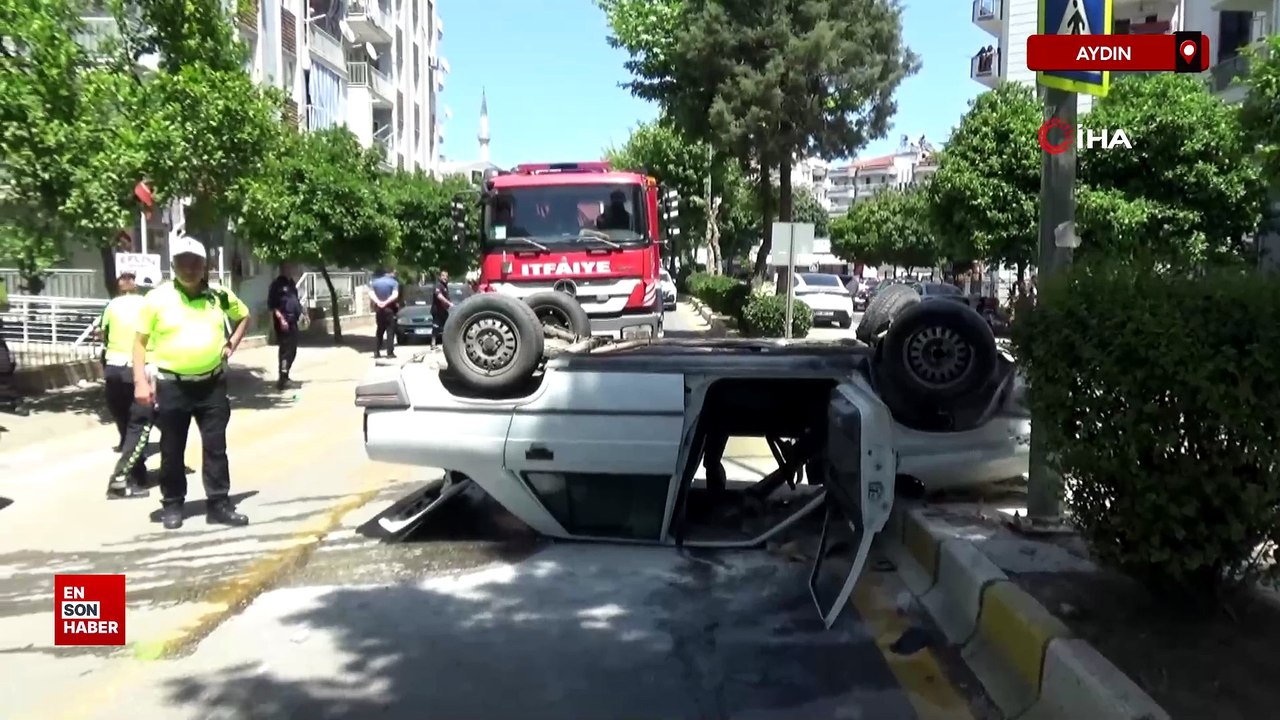 Aydın'da takla atan otomobil yandı vatandaşlar sürücüyü son anda kurtardı