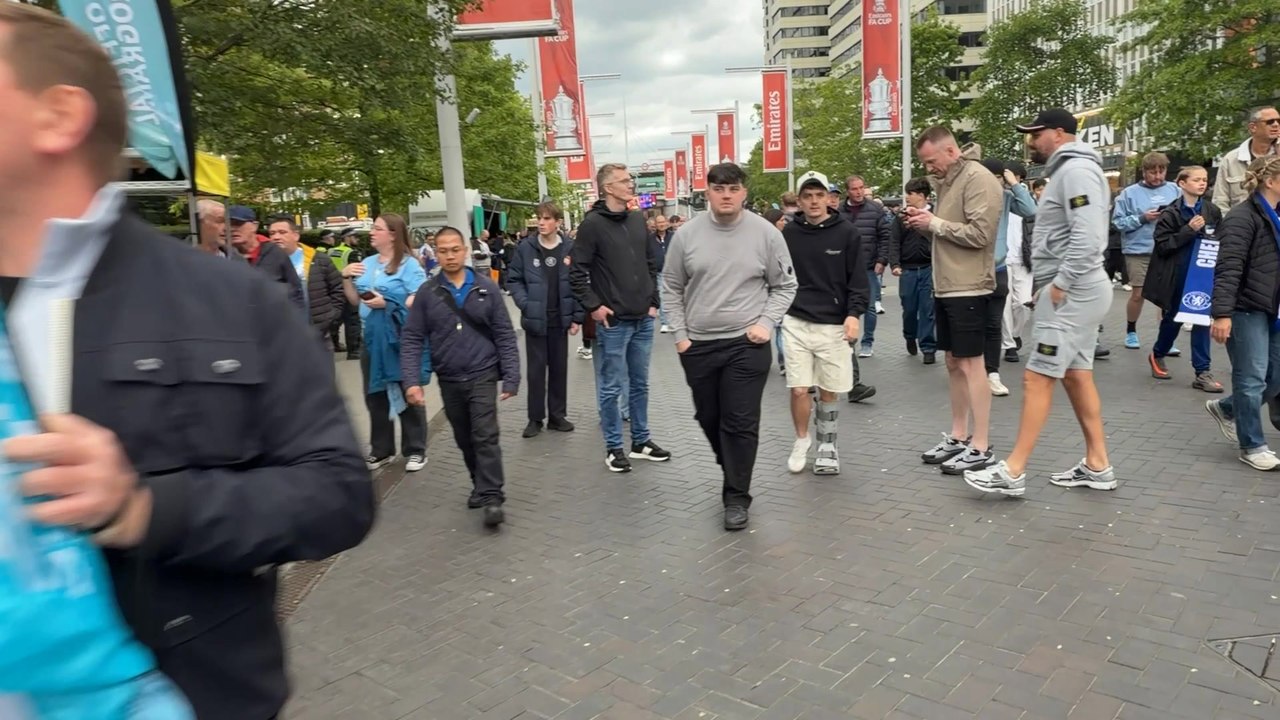 Chelsea and Man City fans gather ahead of the FA Cup final at Wembley.