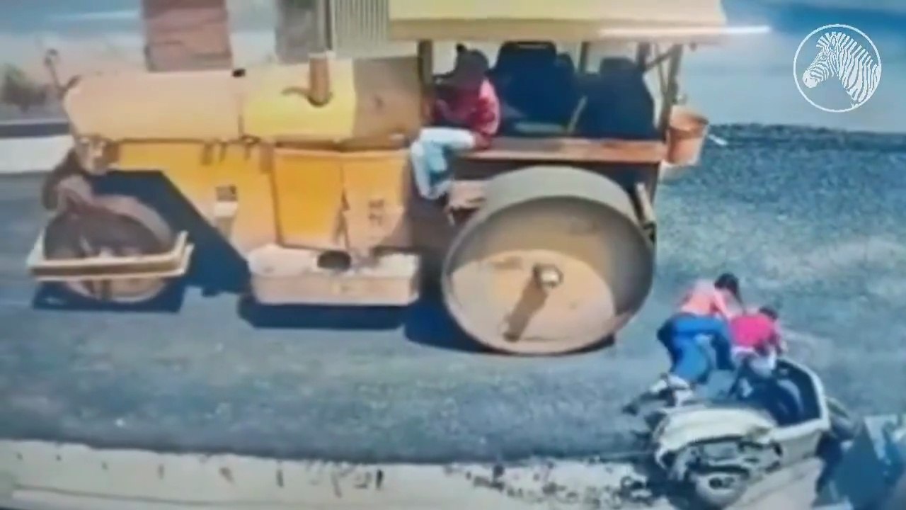 Scooter Skids on Unfinished Road, Road Roller Crushes Rider