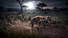 Hyena Pack Hunting Under Moonlight