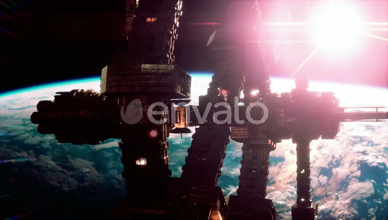 Futuristic Space Station Orbiting Planet Earth with Sun Flare