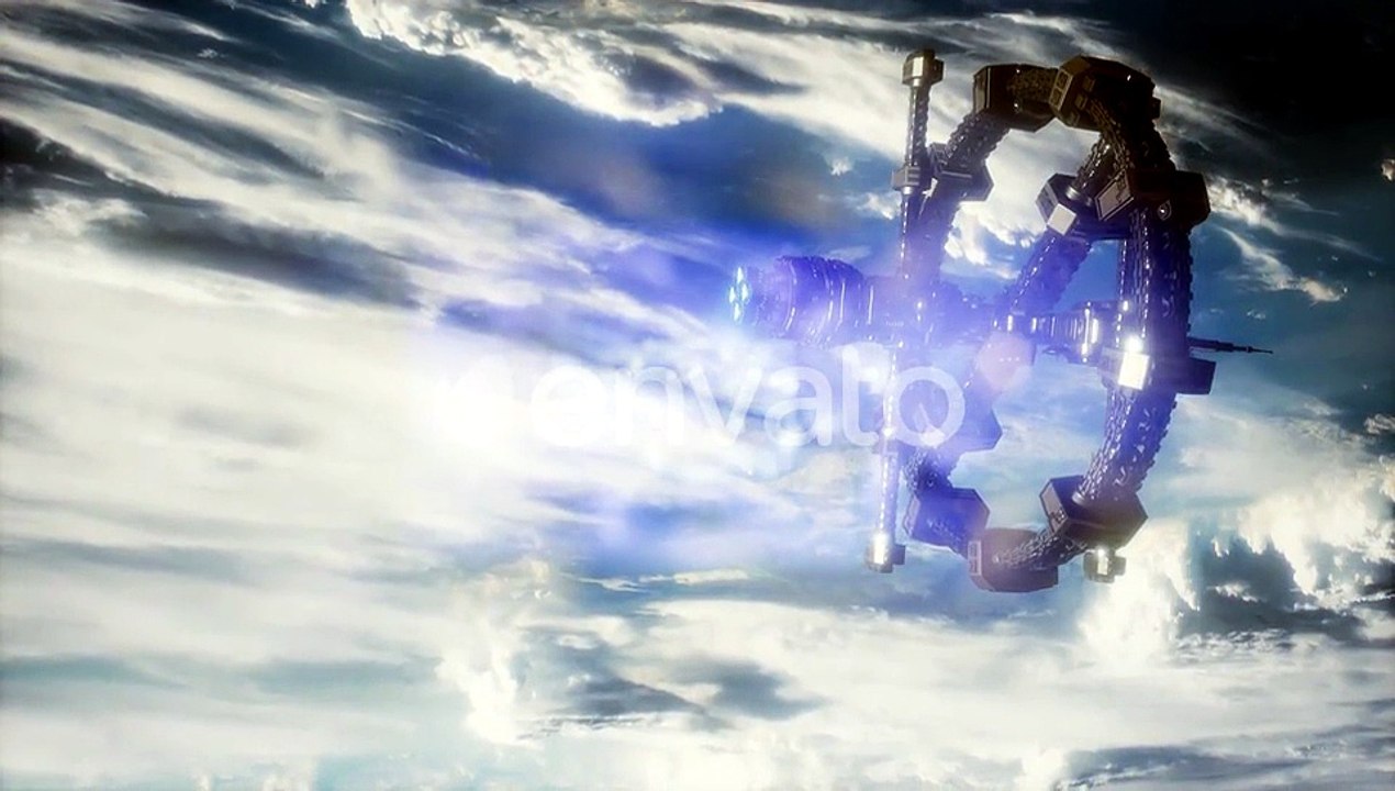 Rotating Futuristic Space Station with Blue Light over Earth