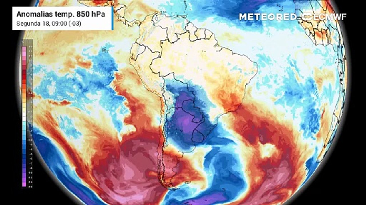 Segunda-feira, 18 de maio: Anomalia de temperatura em 850 hPa.