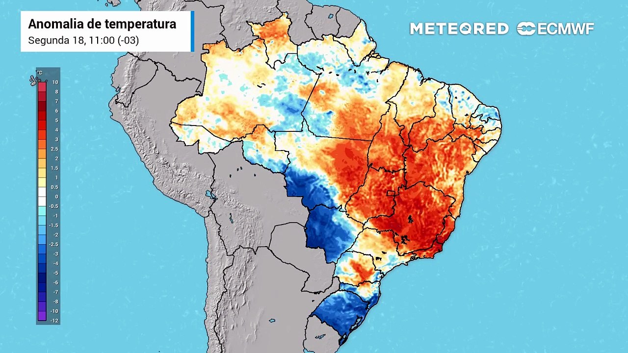 Segunda-feira, 18 de maio: previsão de anomalia de temperatura