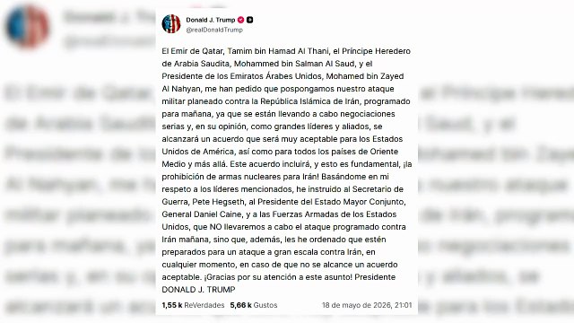Trump anuncia la suspensión de ataque a Irán previsto para mañana a petición de aliados árabes