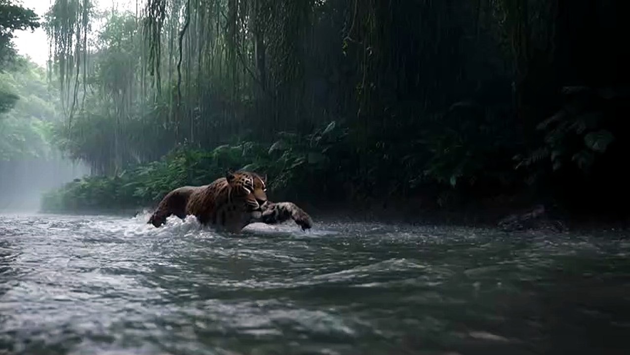 Jaguar Crossing Dangerous Jungle River