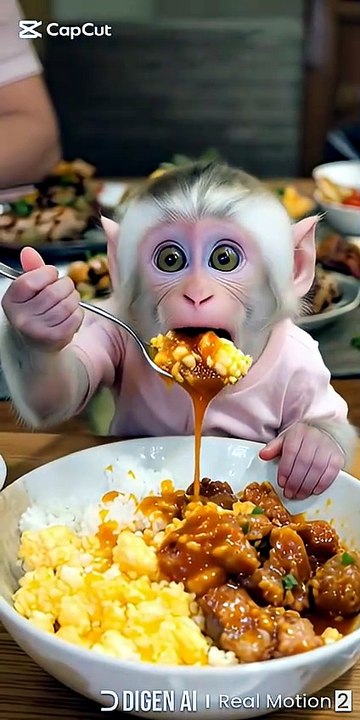 Baby Monkey’s First Big Meal 🍚🥩🐒  Cute Dinner Time