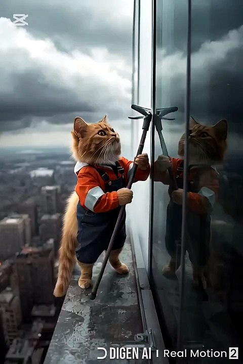 Brave Cat Window Cleaner 😻🏙️✨  Facing the City Heights