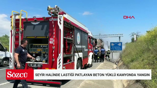 Seyir halinde lastiği patlayan beton yüklü kamyonda yangın