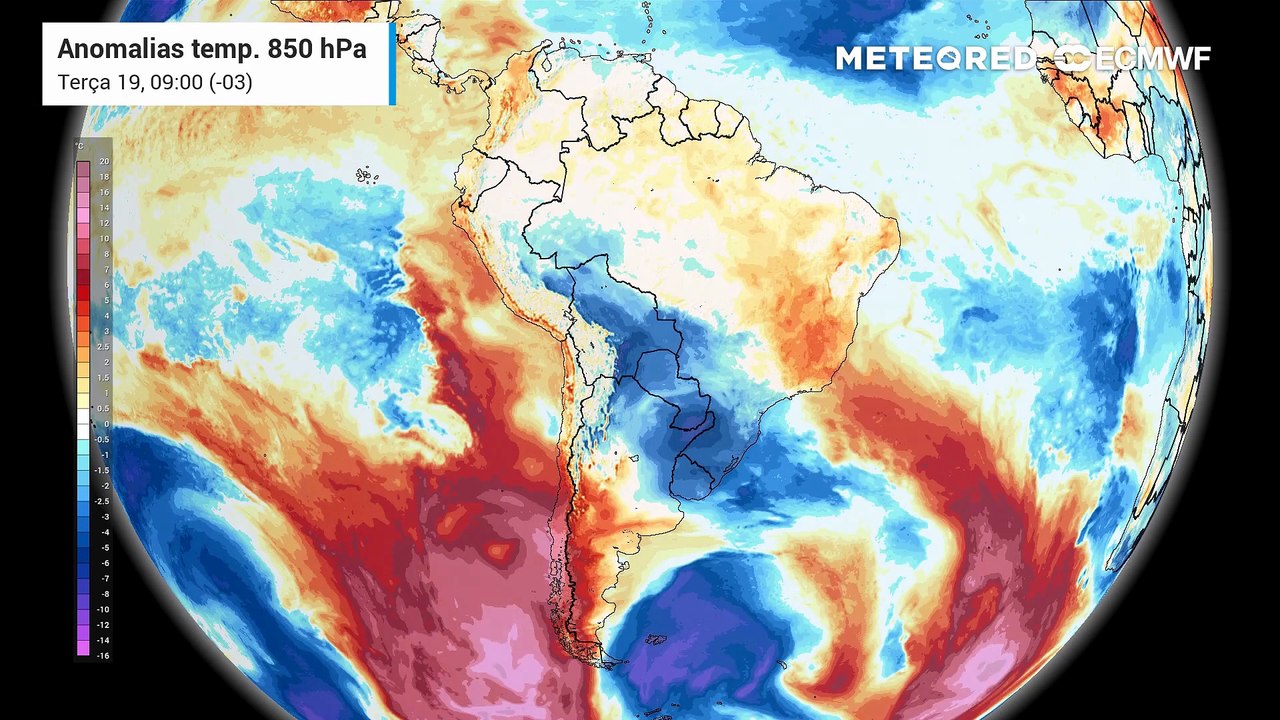 Terça-feira: 19 de maio: Anomalia de temperatura em 850 hPa.