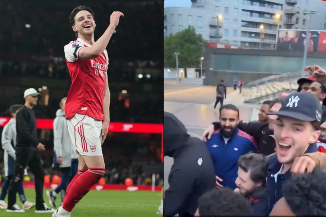 Declan Rice comparte un especial momento de selfies con fanáticos del Arsenal afuera del Emirates Stadium