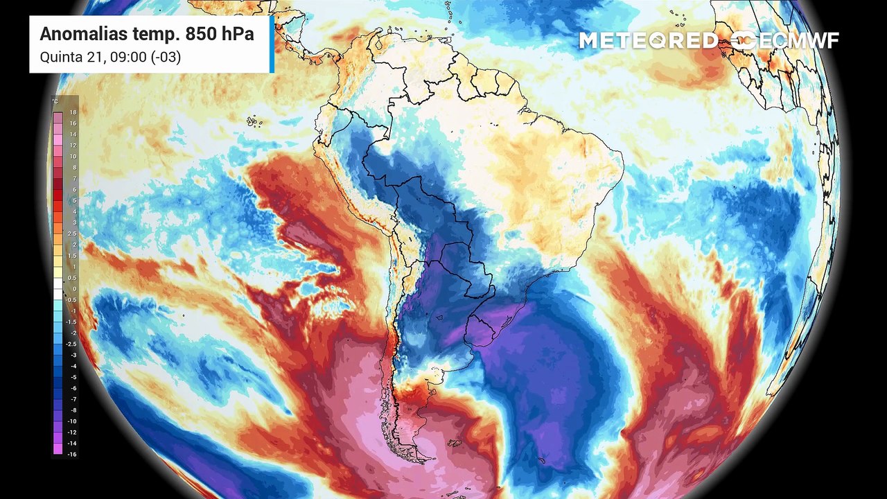 Quinta-feira, 21 de maio: Anomalia de temperatura em 850 hPa.