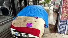 Turhal'da taşkın korkusuyla vatandaş otomobilini ağaca bağladı