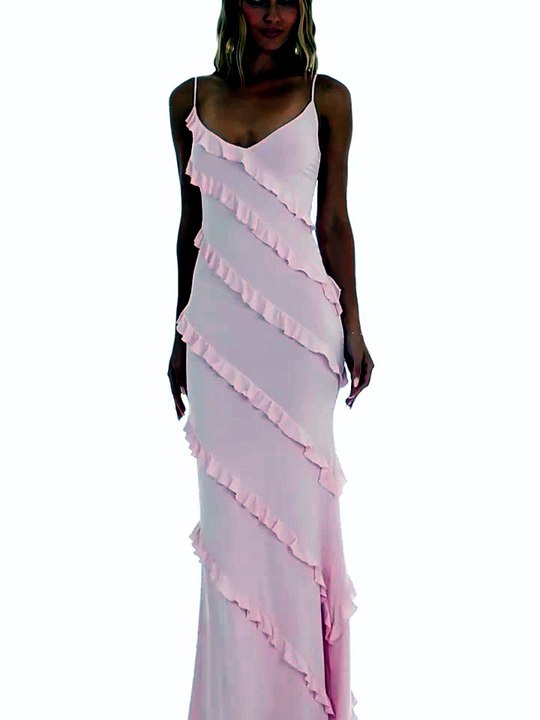 Elegant women's spaghetti strap evening dress with flowing long skirt and romantic style