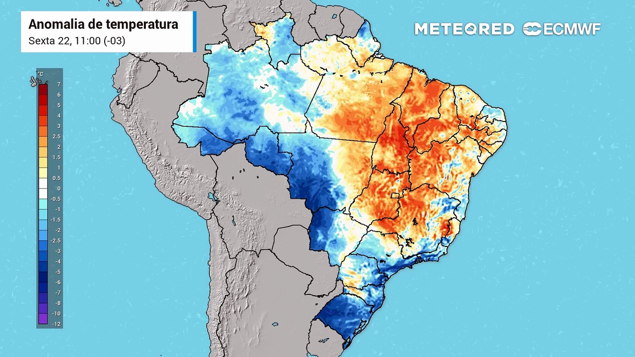 Sexta-feira, 22 de maio: Anomalia de temperatura em 850 hPa.