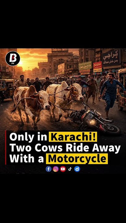 Only in Karachi two cows ride away with a motorcycle